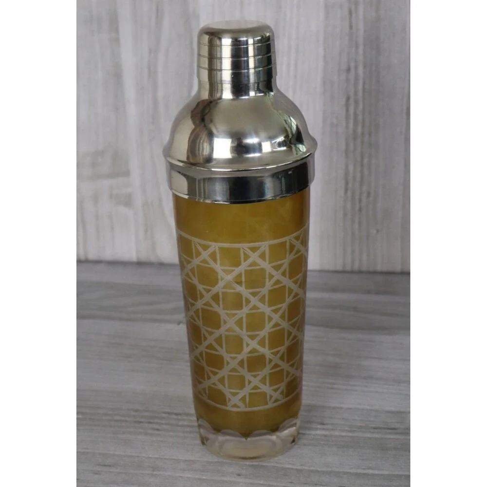 Vintage Glass MCM Barware Cocktail Shaker 3pc Set Amber Geometric Pattern Madmen